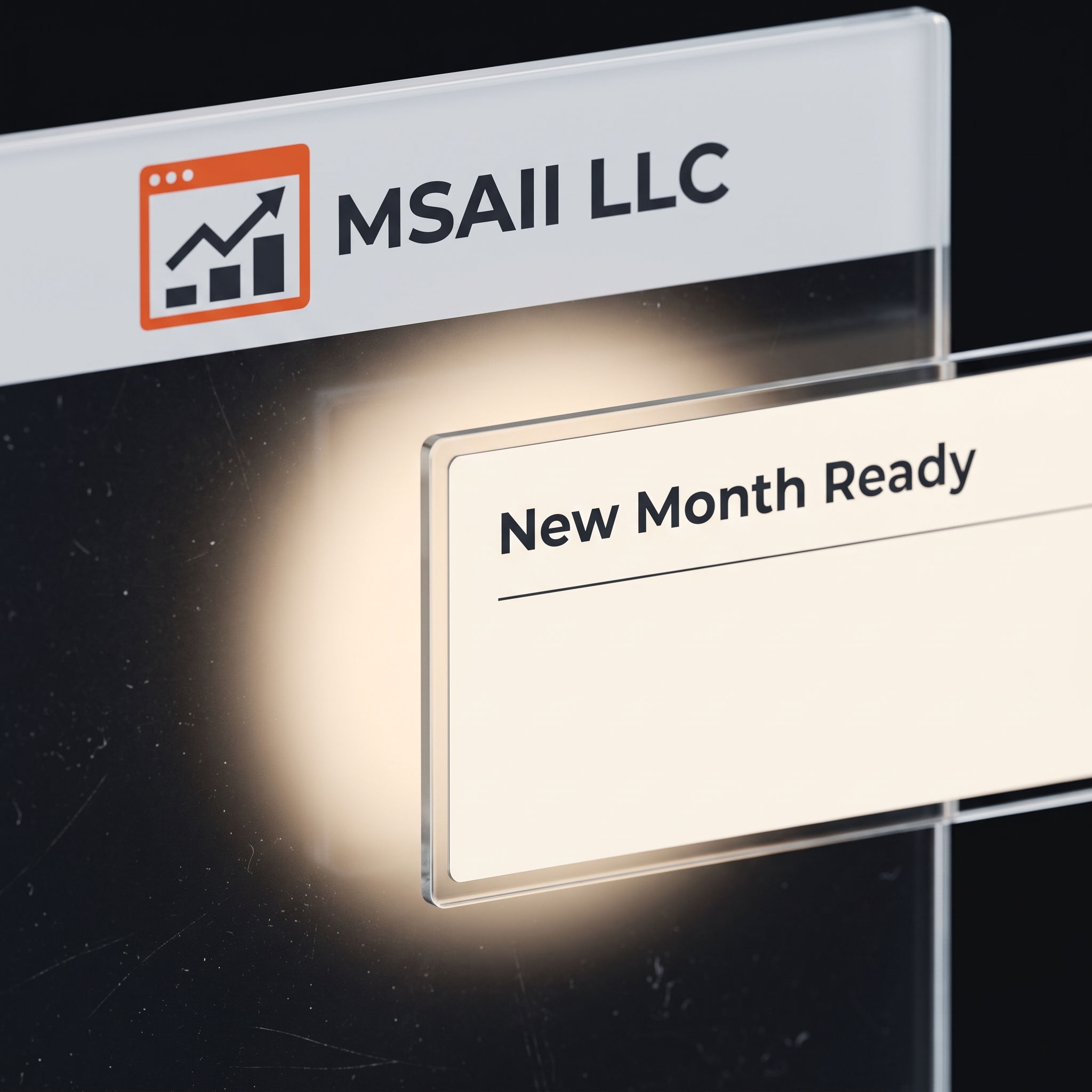 An MSAII LLC sign beside a glass card reading New Month Ready