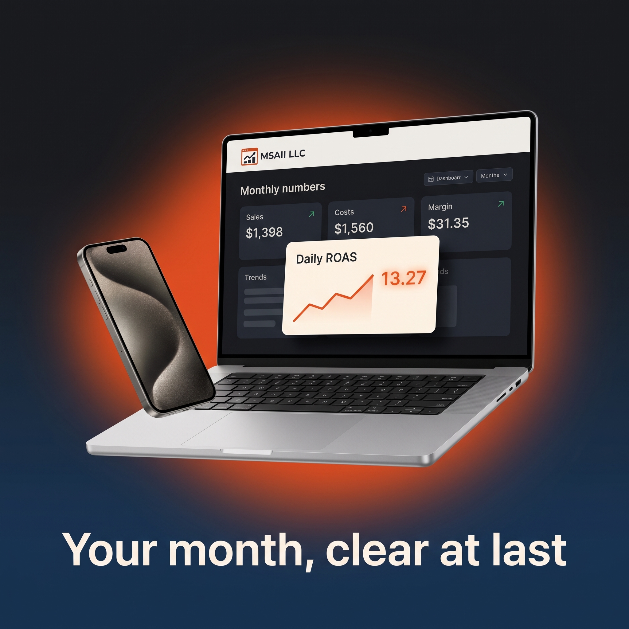 An MSAII LLC laptop and phone showing a monthly numbers dashboard, headed Your month, clear at last