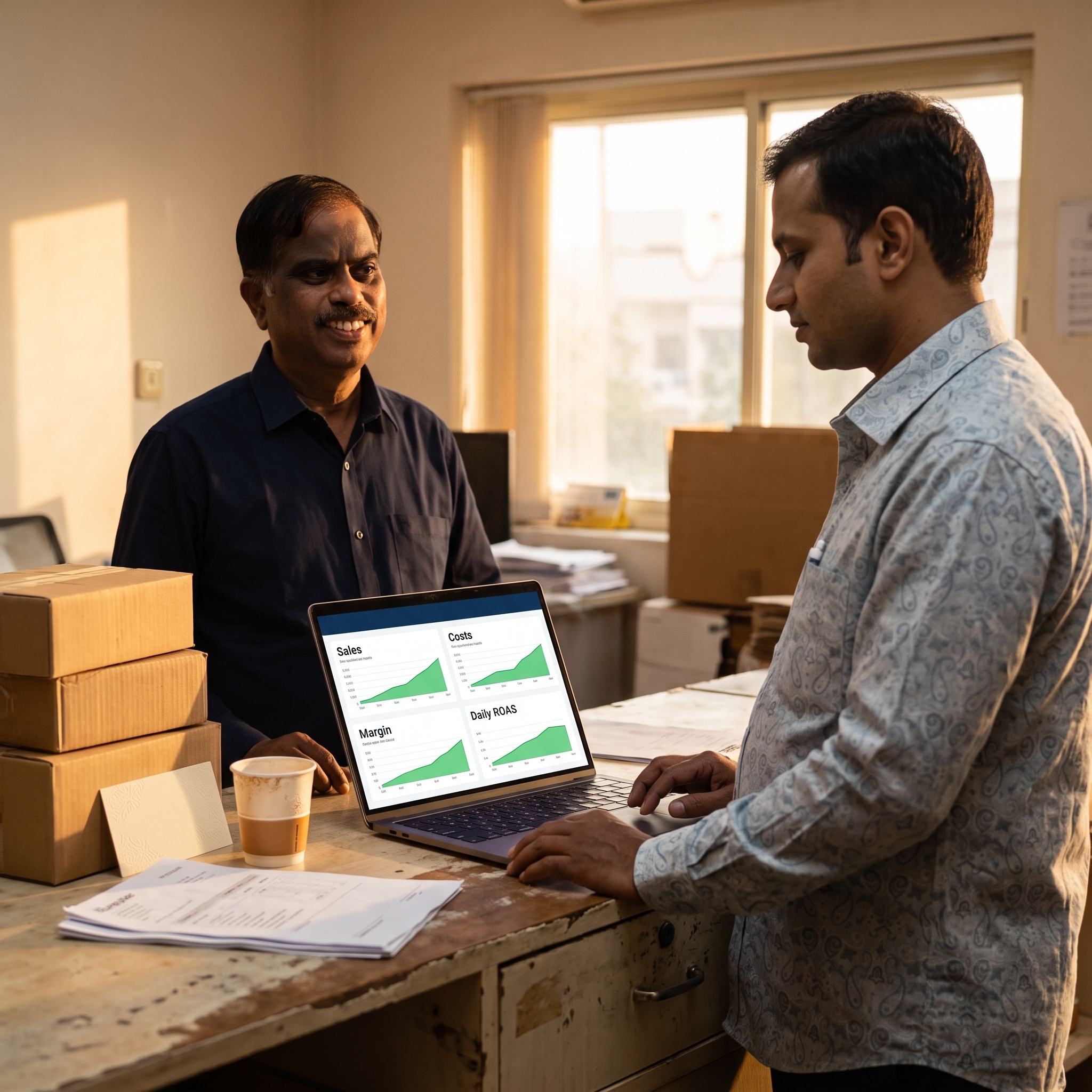 S. Kumar and a business owner reviewing the monthly numbers dashboard on a laptop in a stockroom