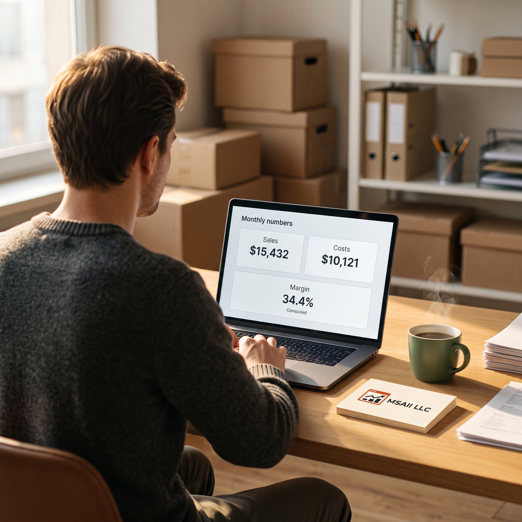 A business owner viewing the MSAII LLC monthly numbers dashboard on a laptop at a desk