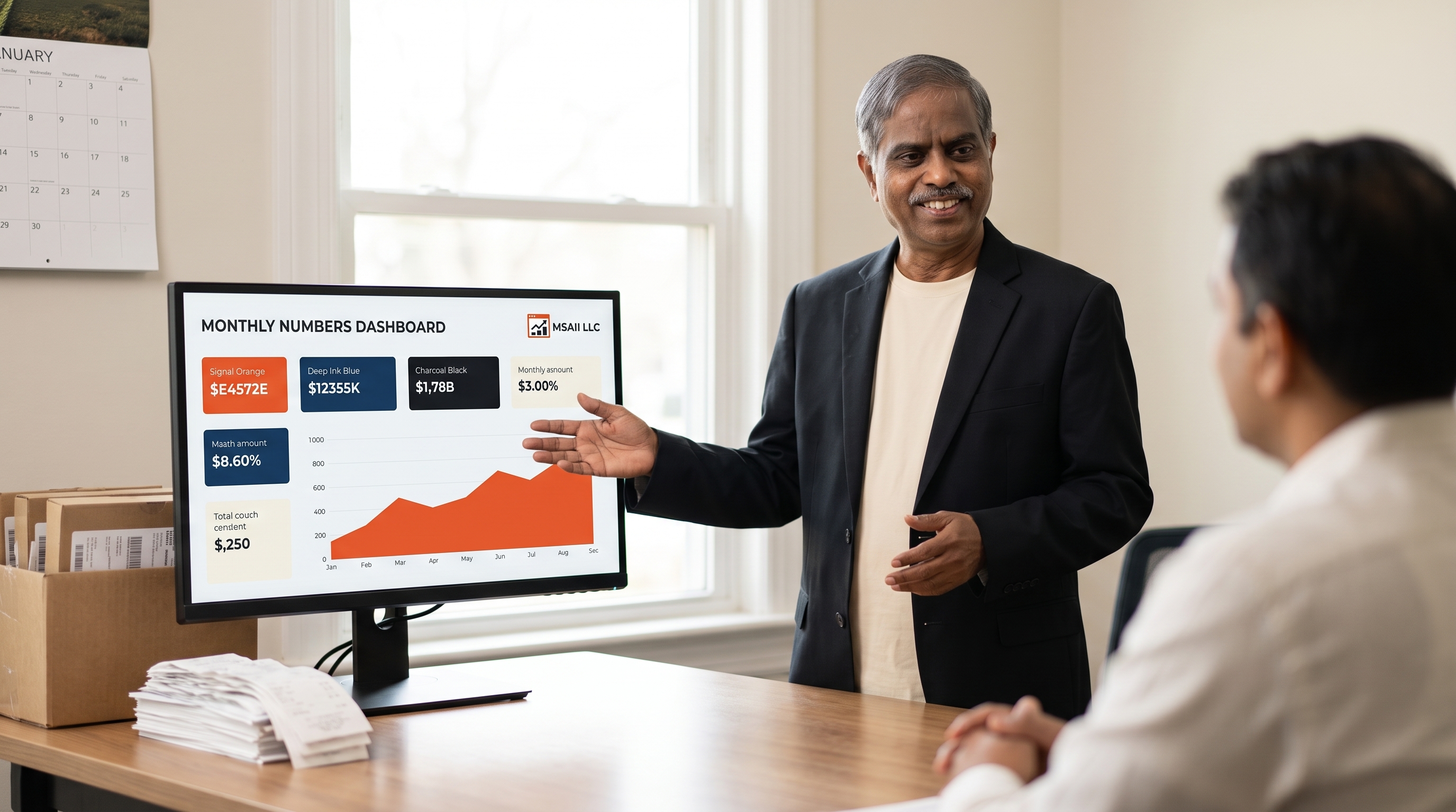 S. Kumar of MSAII LLC standing beside a monthly numbers dashboard on a monitor, presenting the figures to a seated client