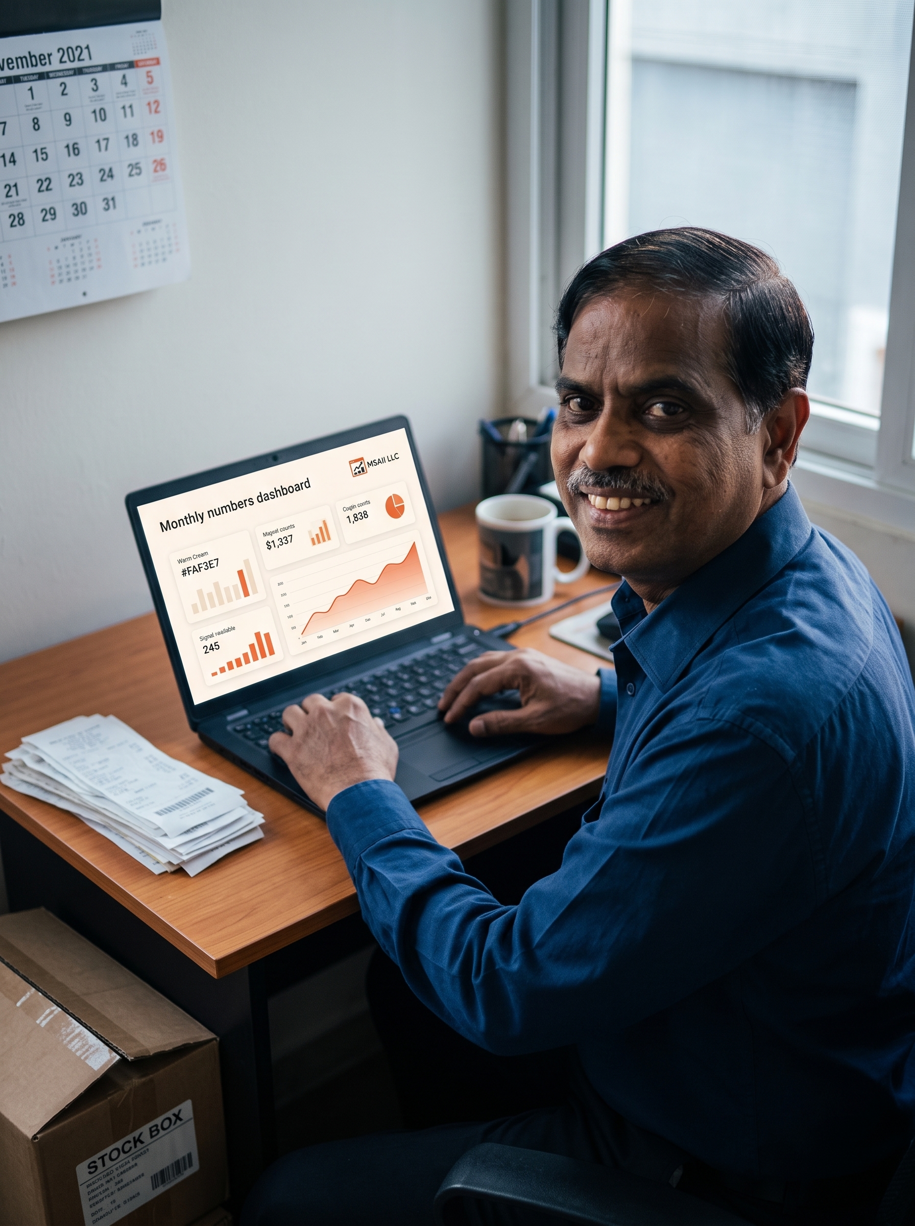 S. Kumar working at his desk beside a laptop showing the MSAII LLC monthly numbers dashboard